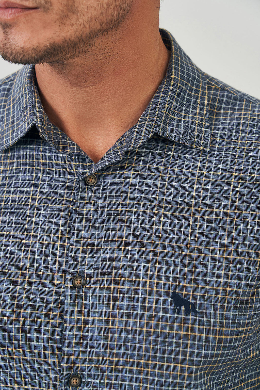 Camisa Manga Longa Quadriculada Masculina Acostamento Mini Xadrez Azul C/ Amarelo