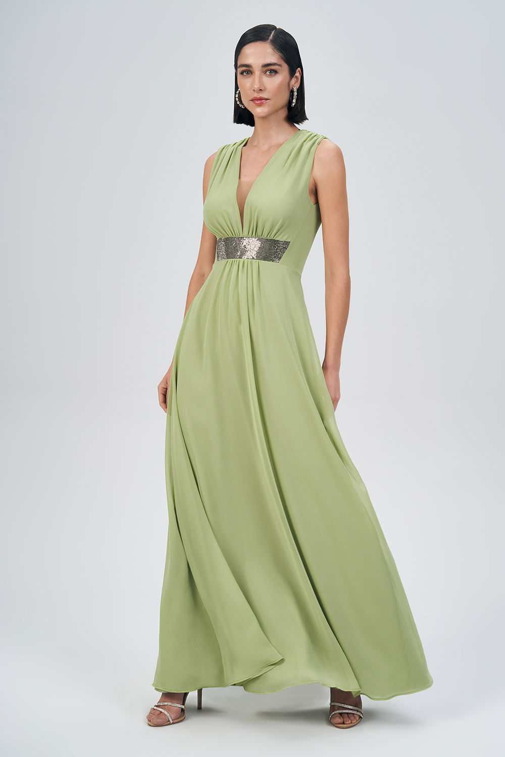 Vestido Longo Com Detalhe Metálico Feminino Acostamento Matcha