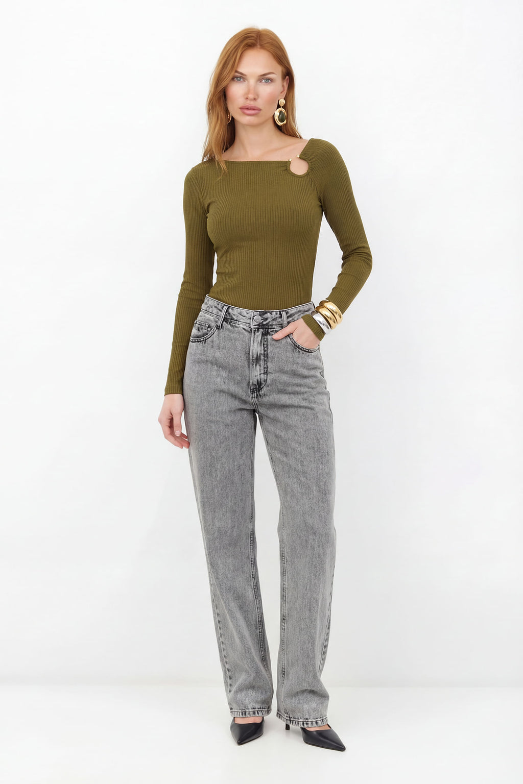 Blusa Canelada Com Detalhe Metálico ACT Feminina Golden Olive