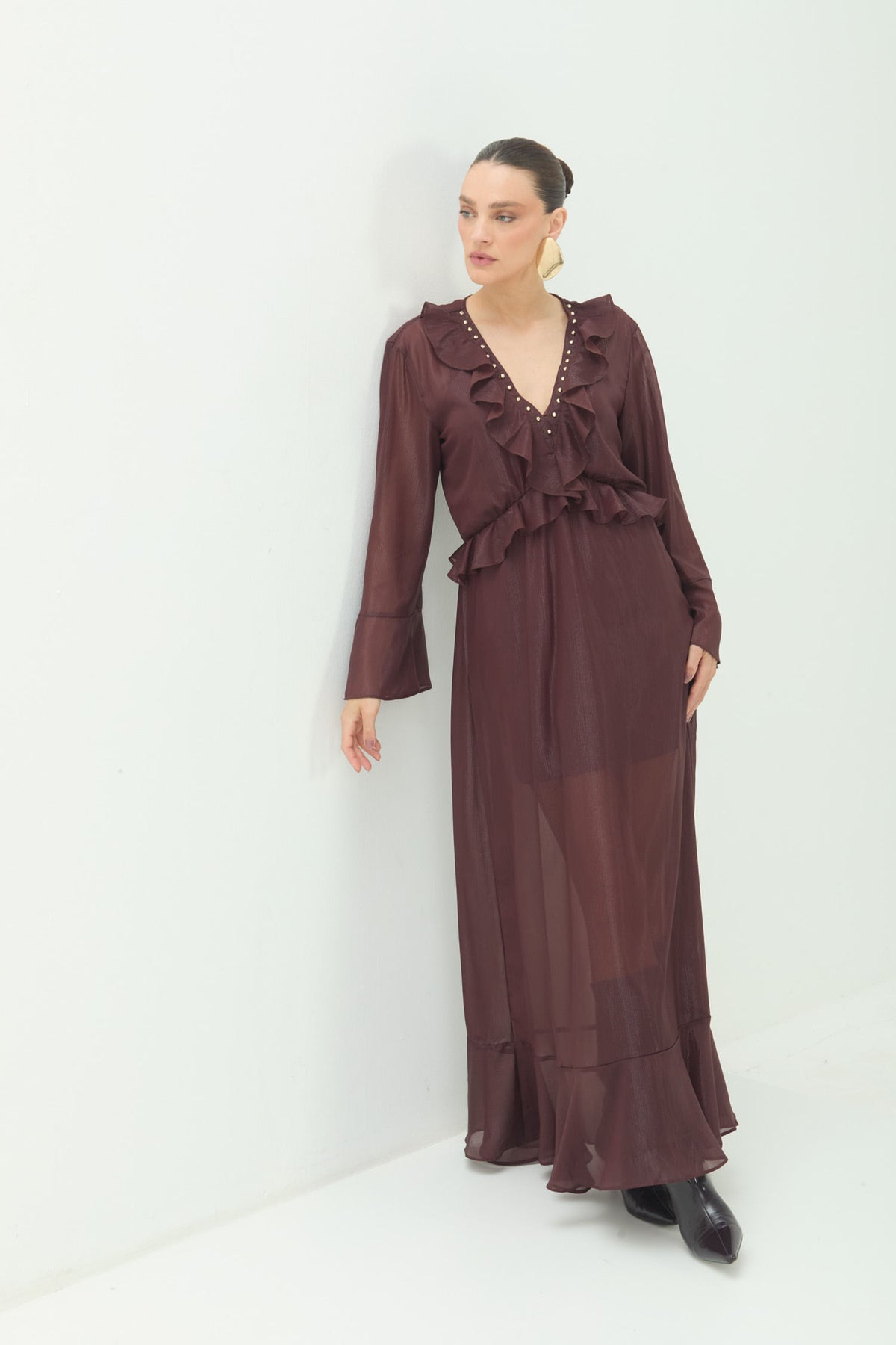 Vestido Manga Longa Decote V ACT Feminino Choco