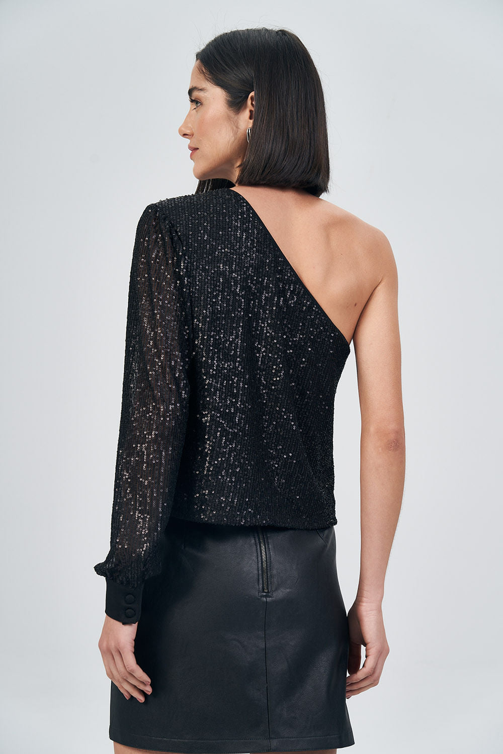 Blusa Manga Única Paetê Black Feminina Acostamento Preto