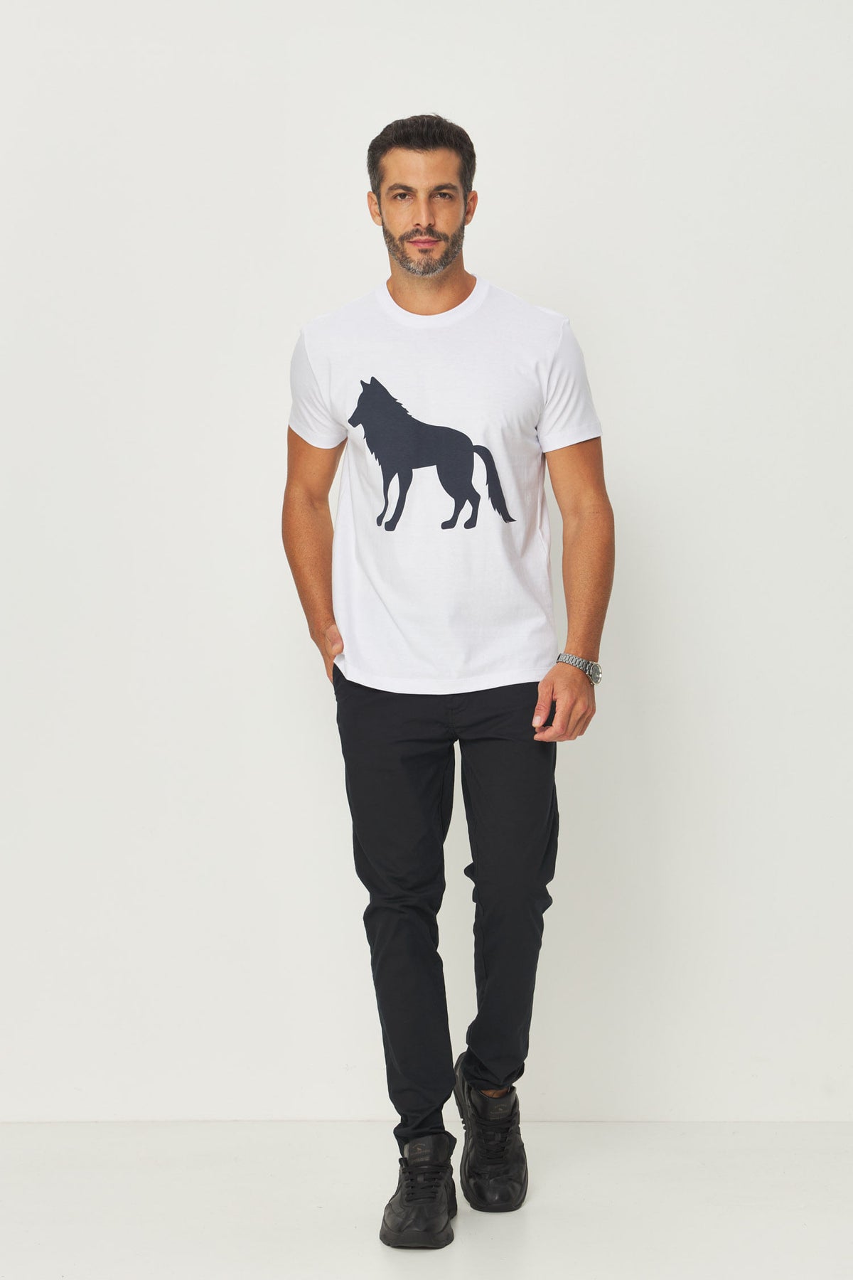 Camiseta Estampa Lobo Frontal Masculino Acostamento Branco C/ Estp Marinho