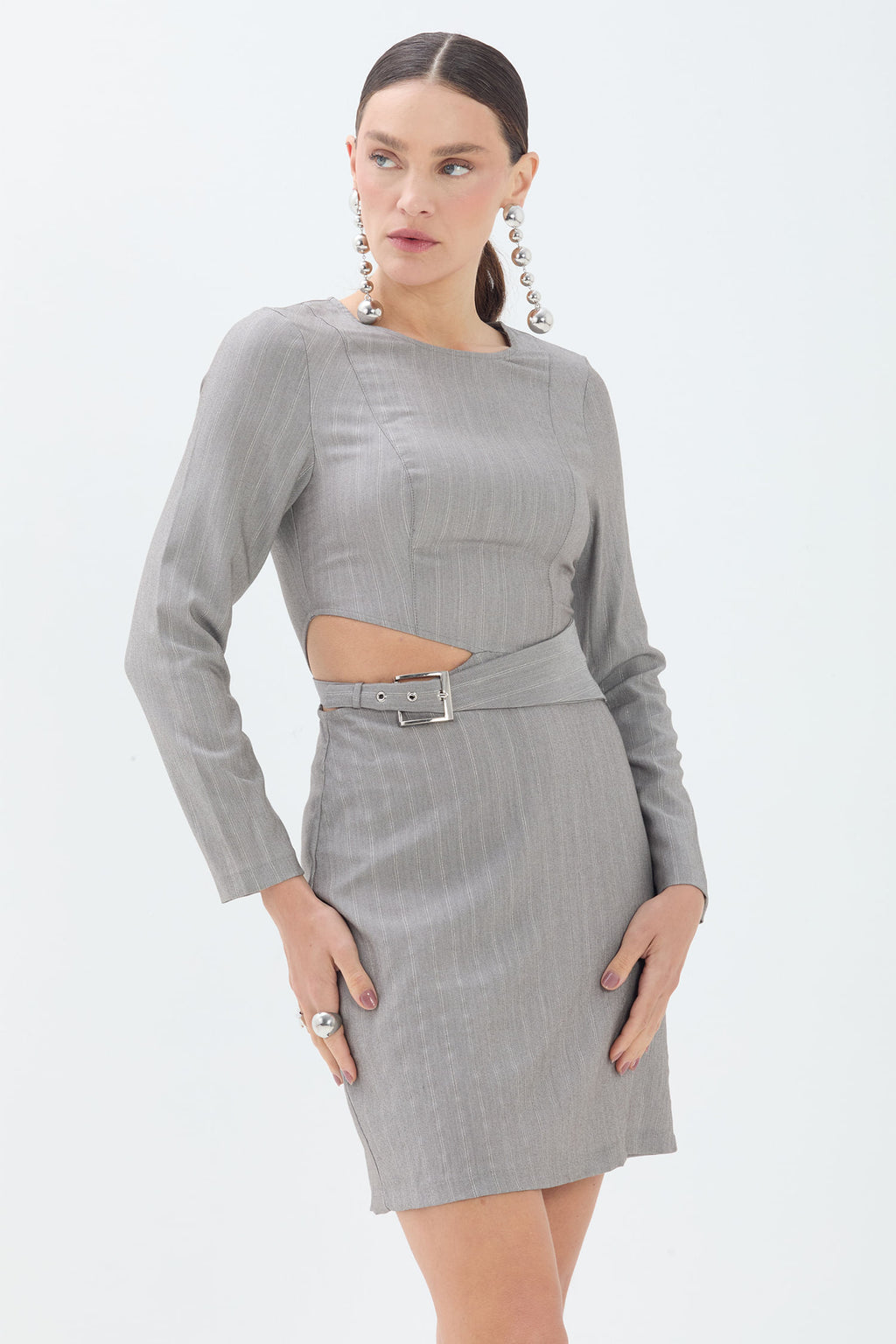Vestido Alfaiataria Vazado Cinto ACT Feminino Light Silver