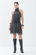 Vestido Curto Elegante Gola Alta ACT Feminino Preto C/ Prata