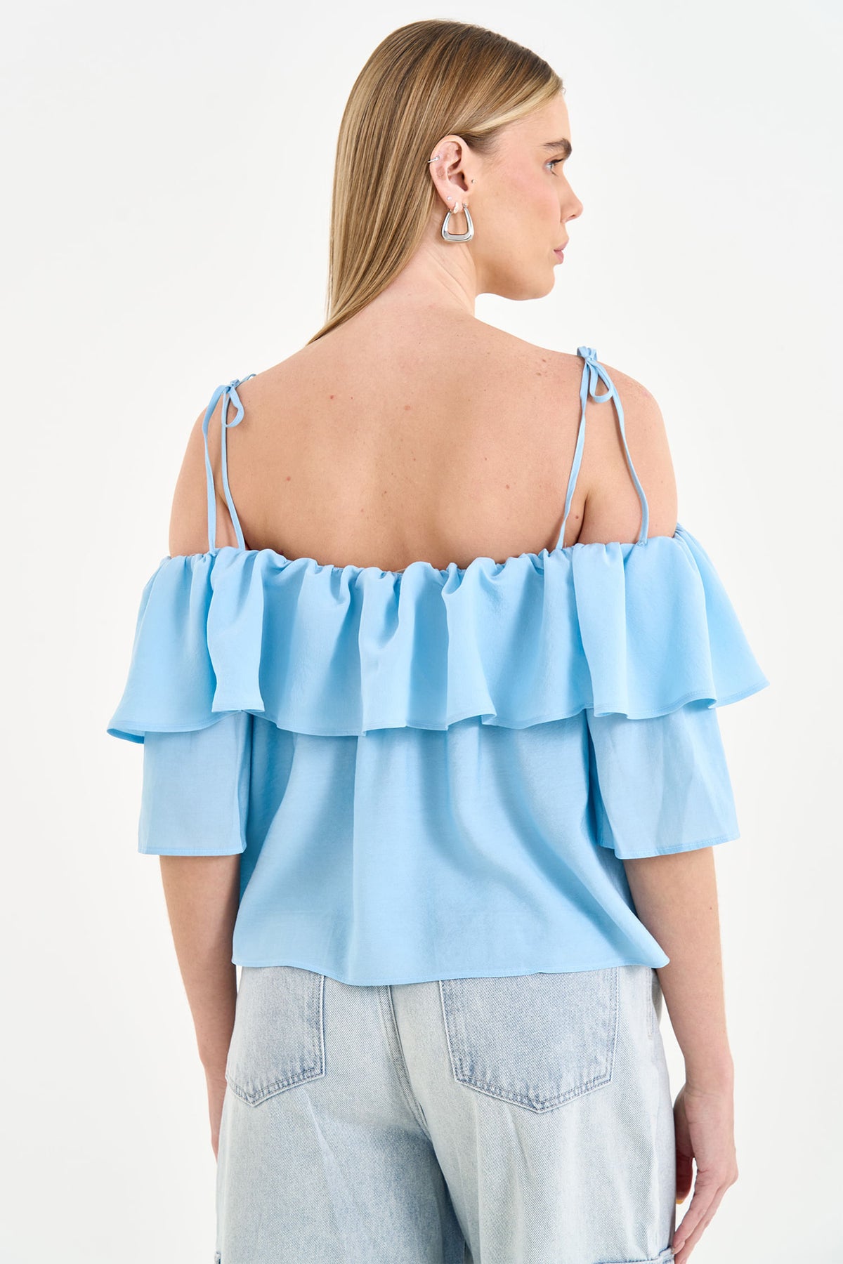 Blusa Fluida Ombro a Ombro com Babado ACT Feminino Clear Blue