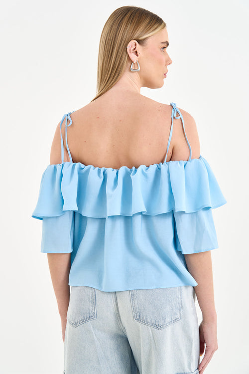 Blusa Fluida Ombro a Ombro com Babado ACT Feminino Clear Blue