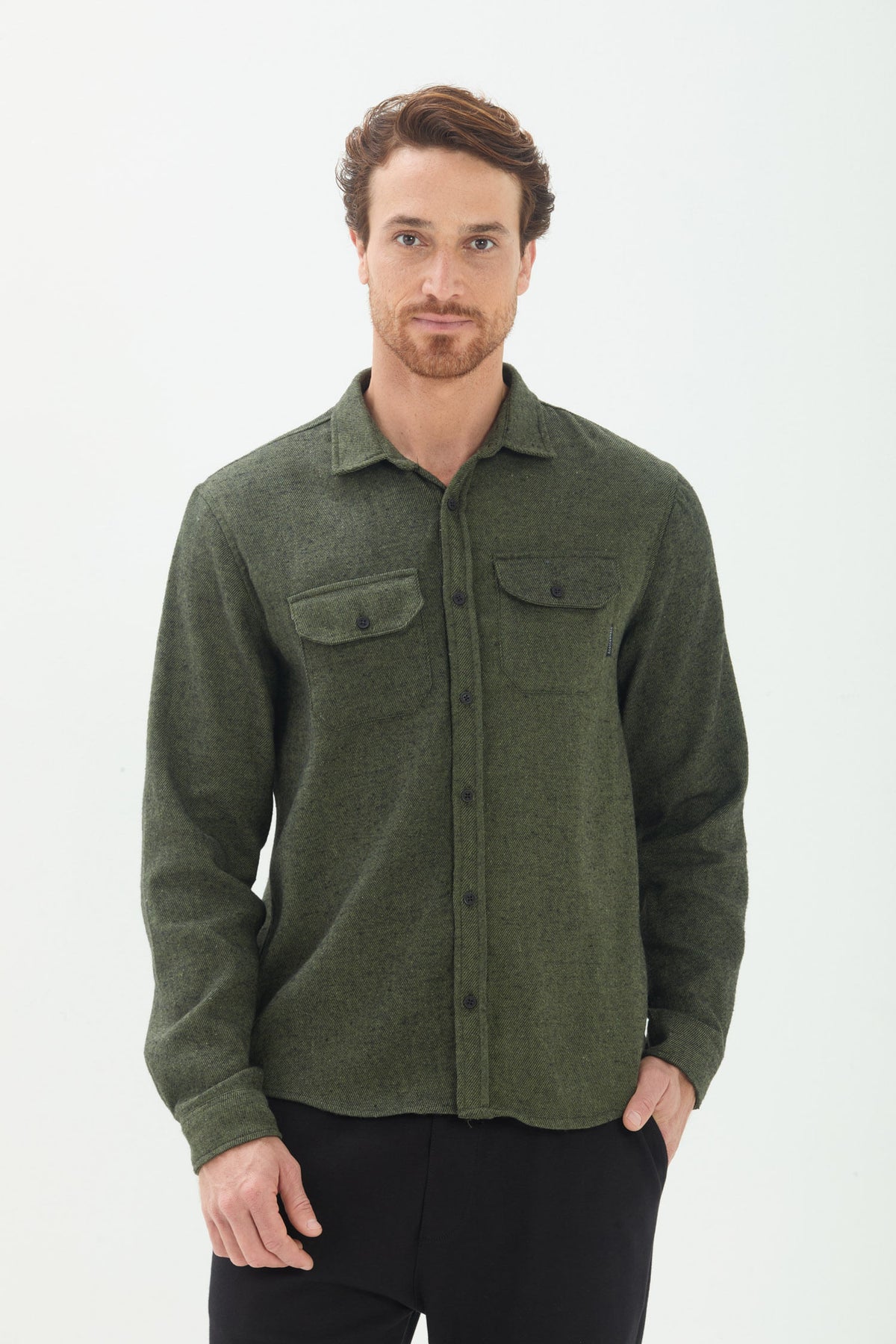 Camisa Manga Longa Casual Masculina Acostamento Verde Militar