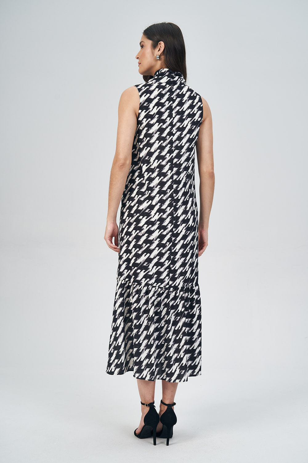 Vestido Gola Laço Print Feminino Acostamento Pied De Poule Maxi