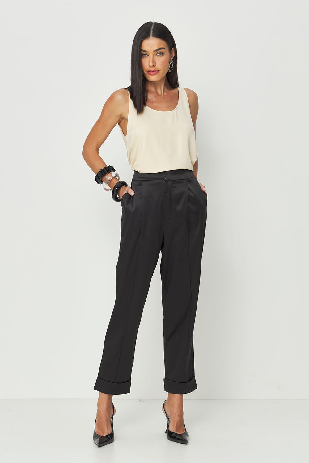 Calça Black Acetinada Feminina Acostamento Preto