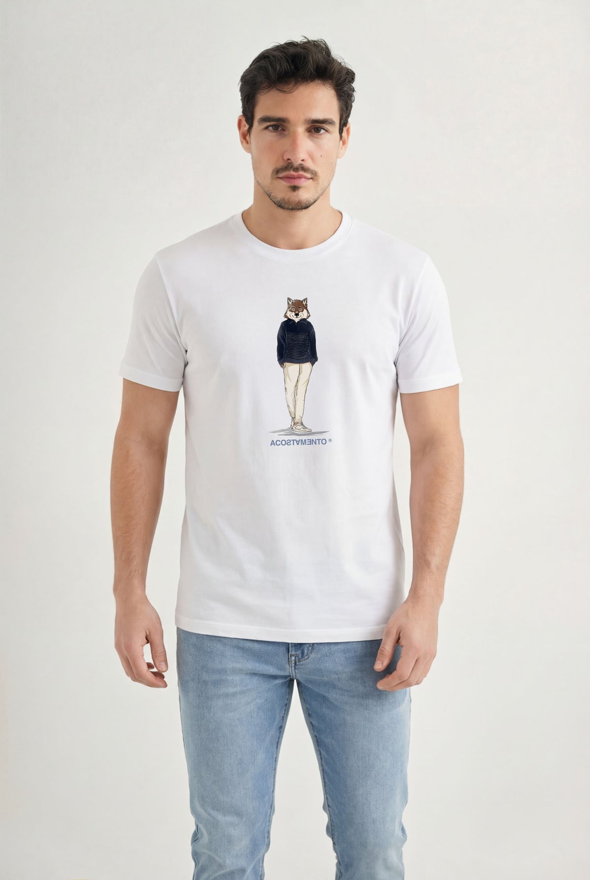Camiseta Estampa Lobo Masculina Acostamento Branco