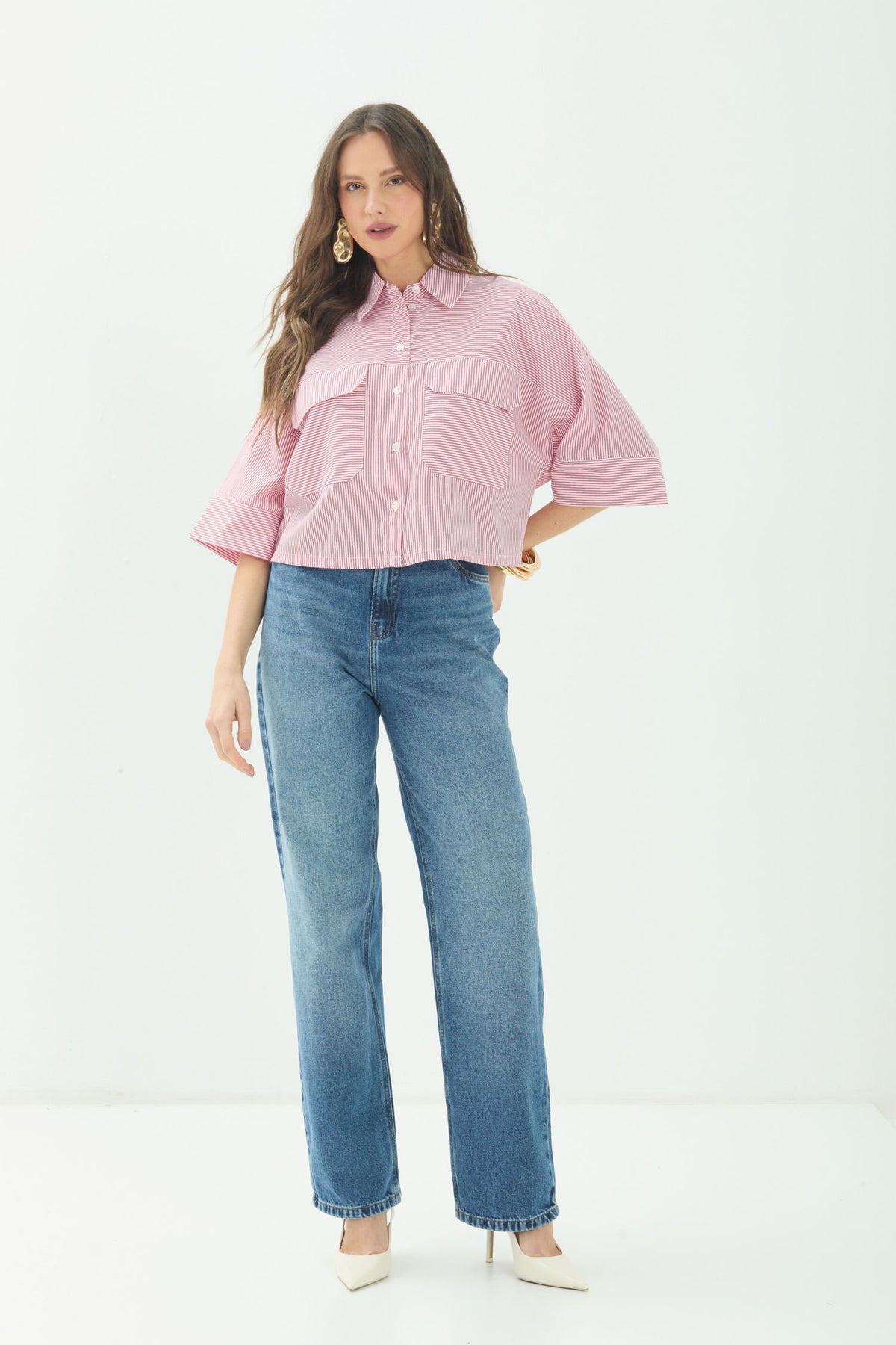 Camisa Manga Curta Com Bolsos ACT Feminina Listrado Red Velvet