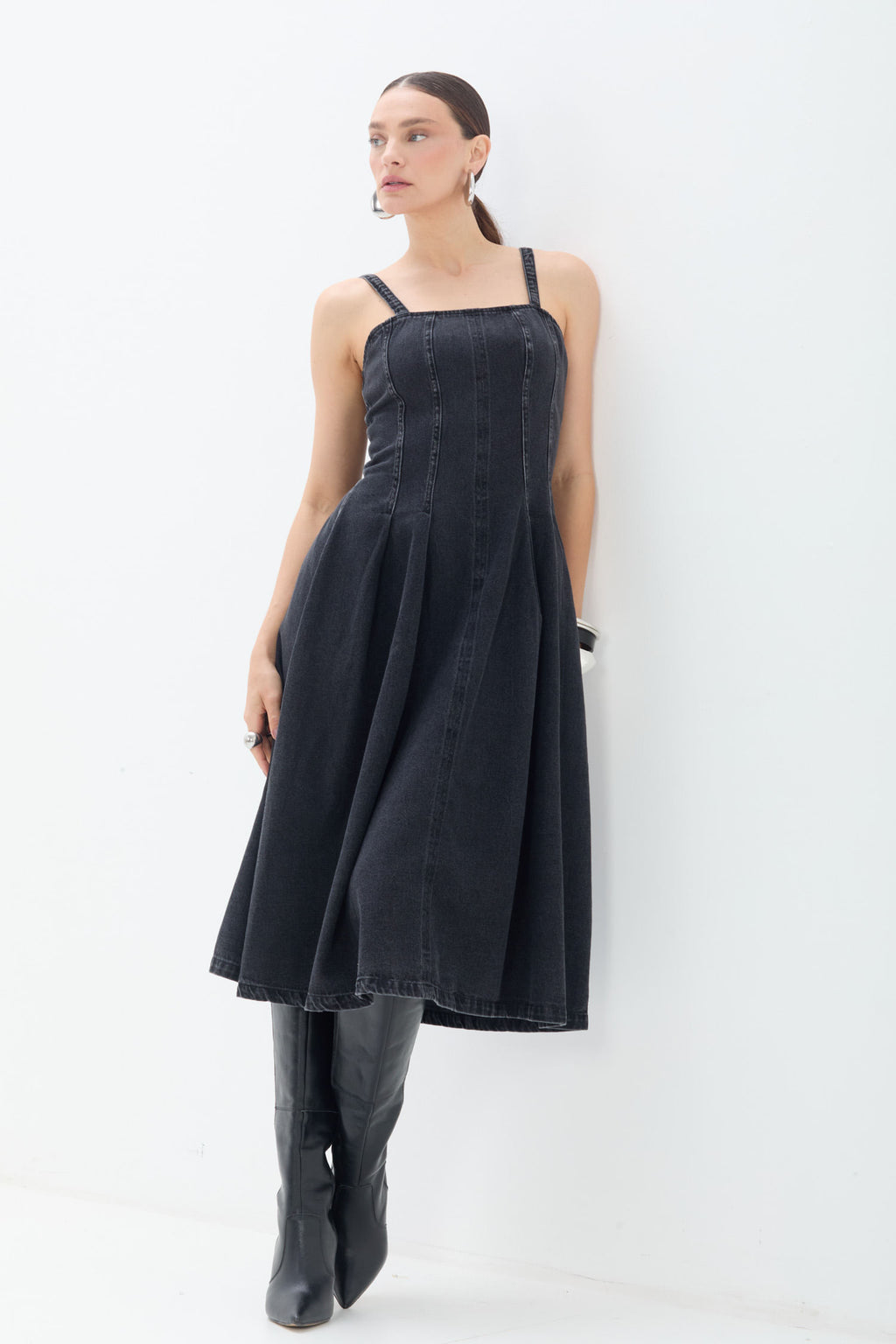 Vestido Jeans Midi Com Alças ACT Feminino Jeans Escuro