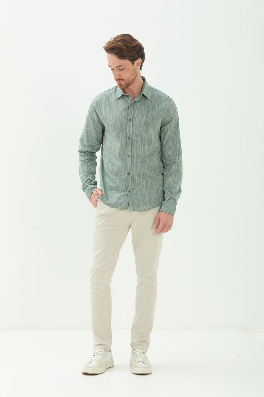 Camisa Manga Longa Texturizada Masculino Acostamento Mescla Verde