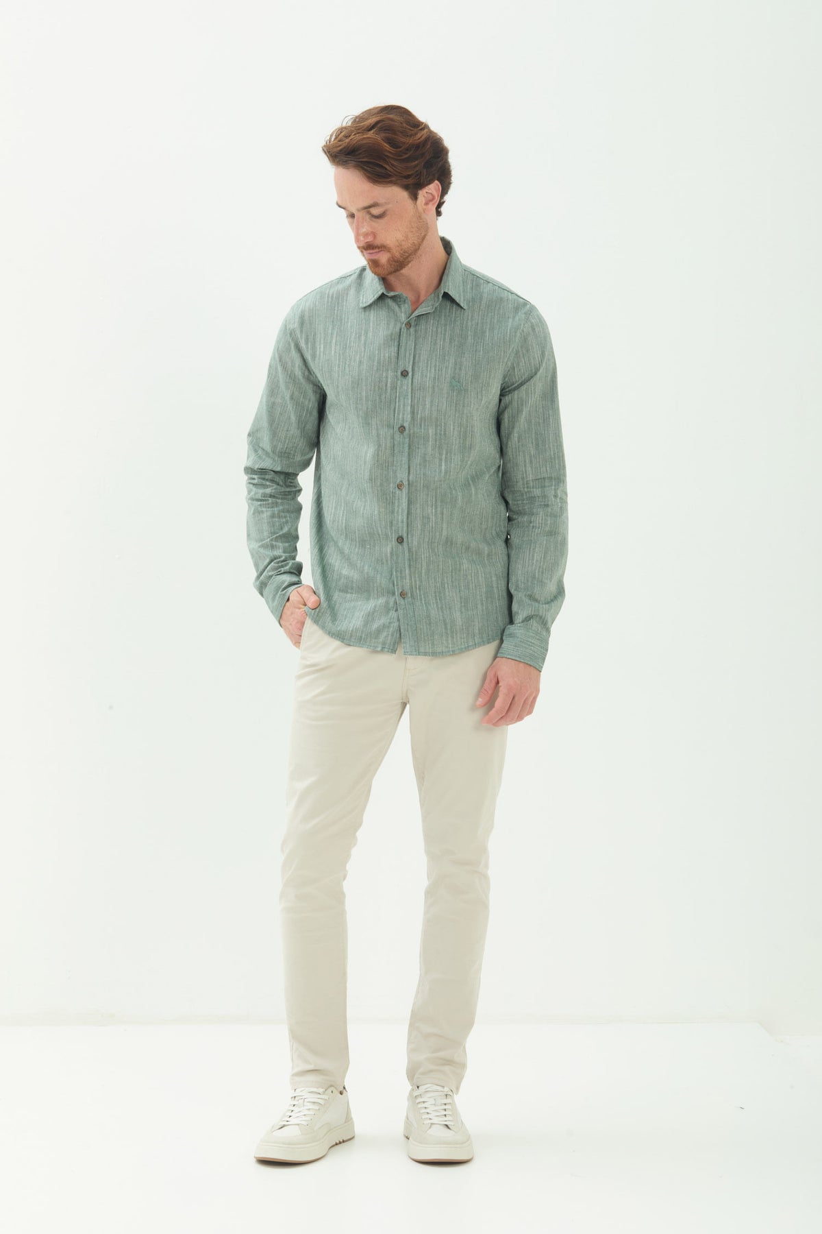 Camisa Manga Longa Texturizada Masculino Acostamento Mescla Verde
