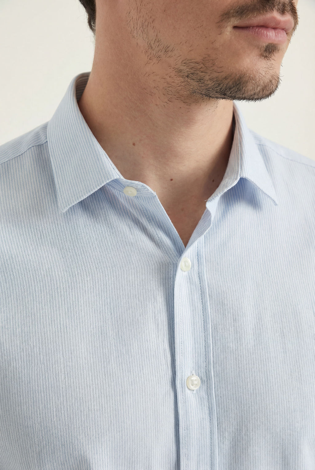 Camisa Casual Manga Longa Masculina Acostamento Micro Listra Azul C/ Branco