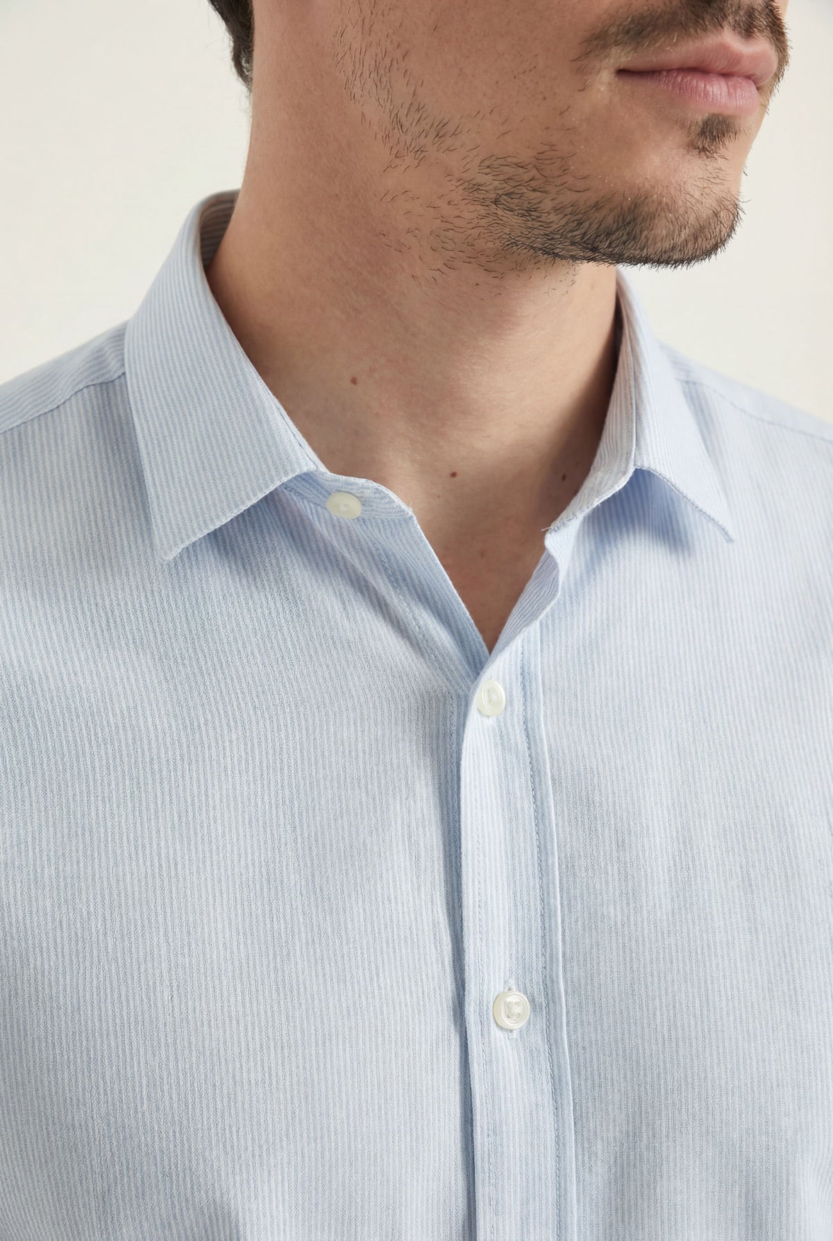 Camisa Casual Manga Longa Masculina Acostamento Micro Listra Azul C/ Branco