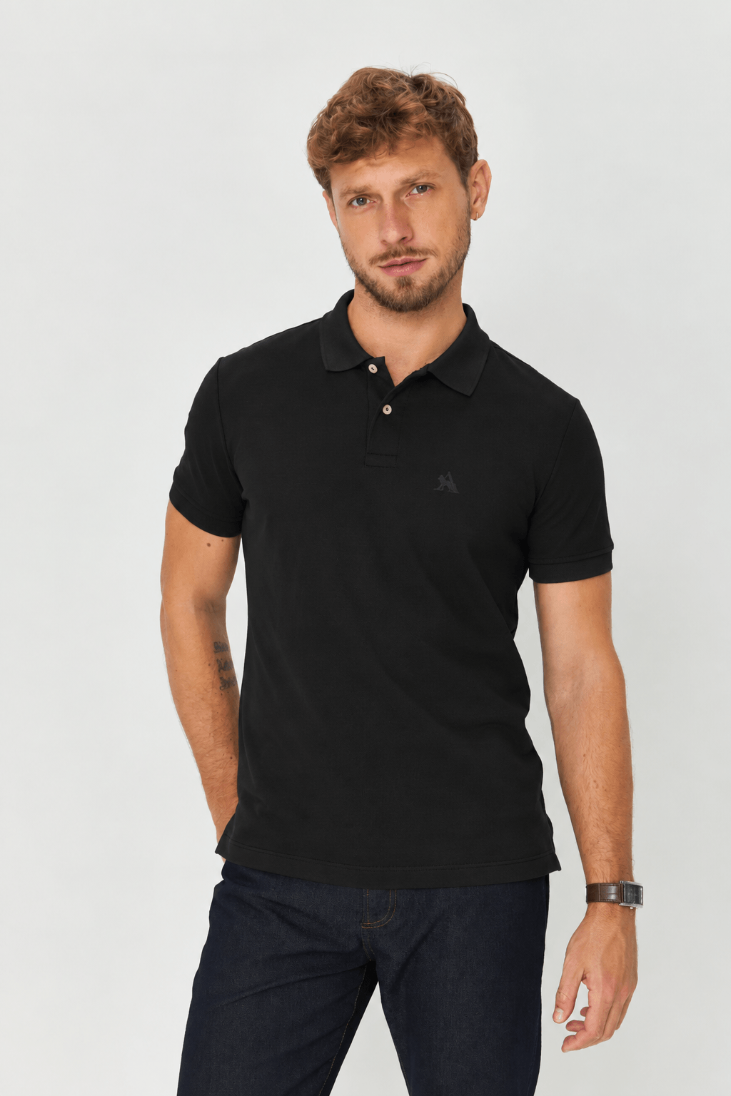 Polo Casual Com Elastano Masculina Acostamento Preto