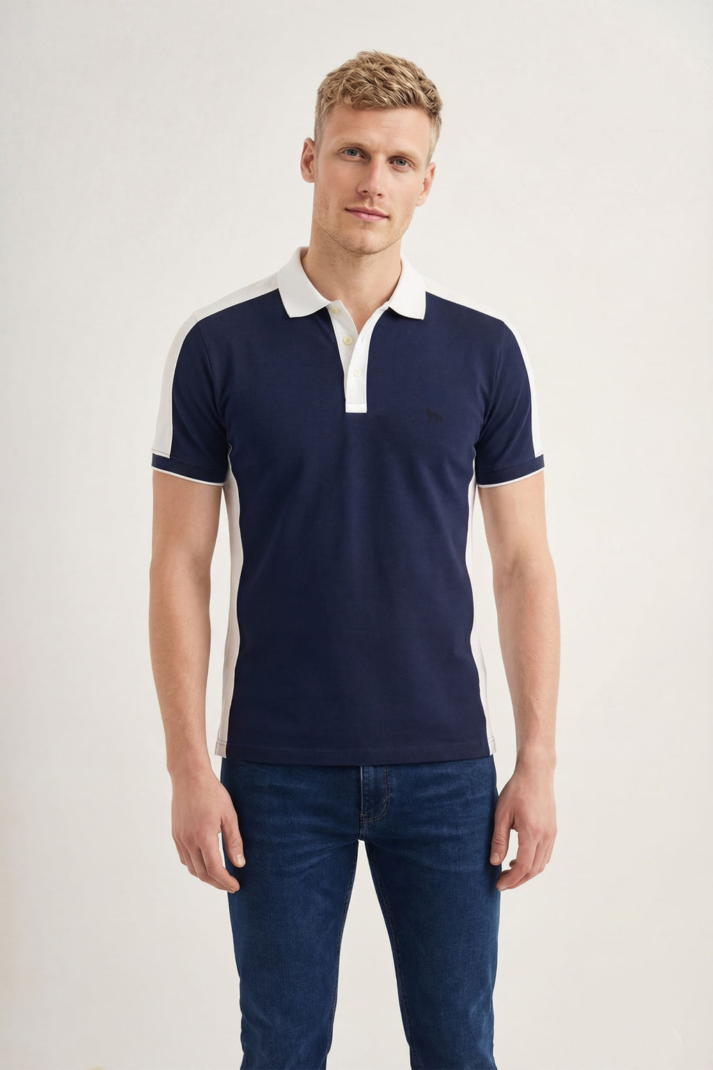 Polo Casual Gola Contrastante Masculina Acostamento Marinho C/ Recorte Branco
