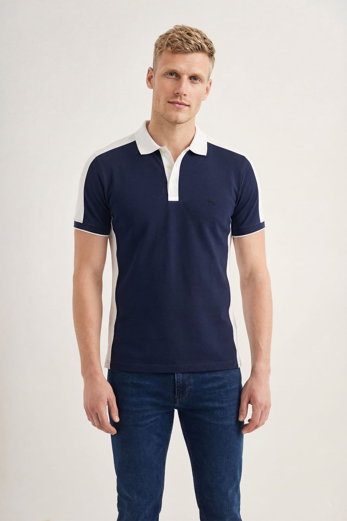 Polo Casual Gola Contrastante Masculina Acostamento Marinho C/ Recorte Branco