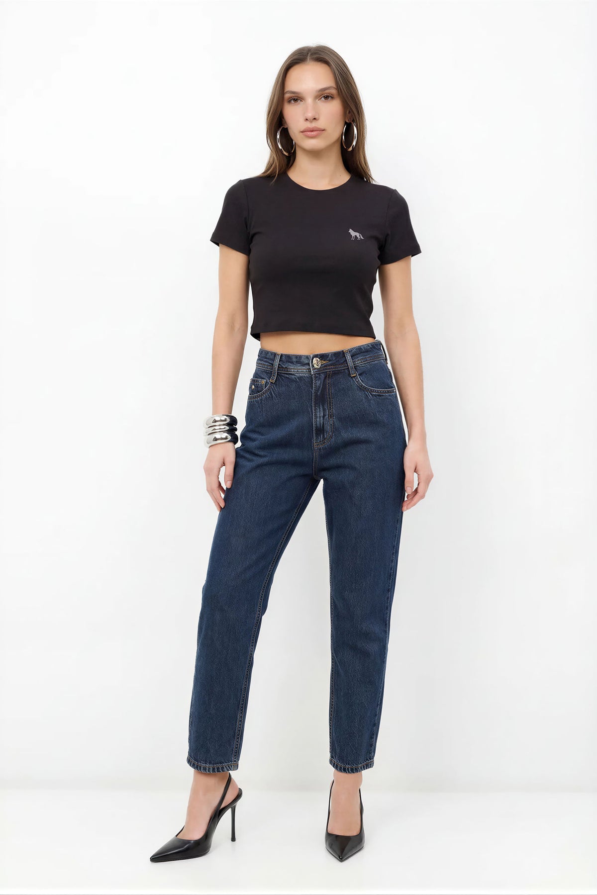 Calça Jeans Mom Cintura Alta ACT Feminina Jeans Escuro