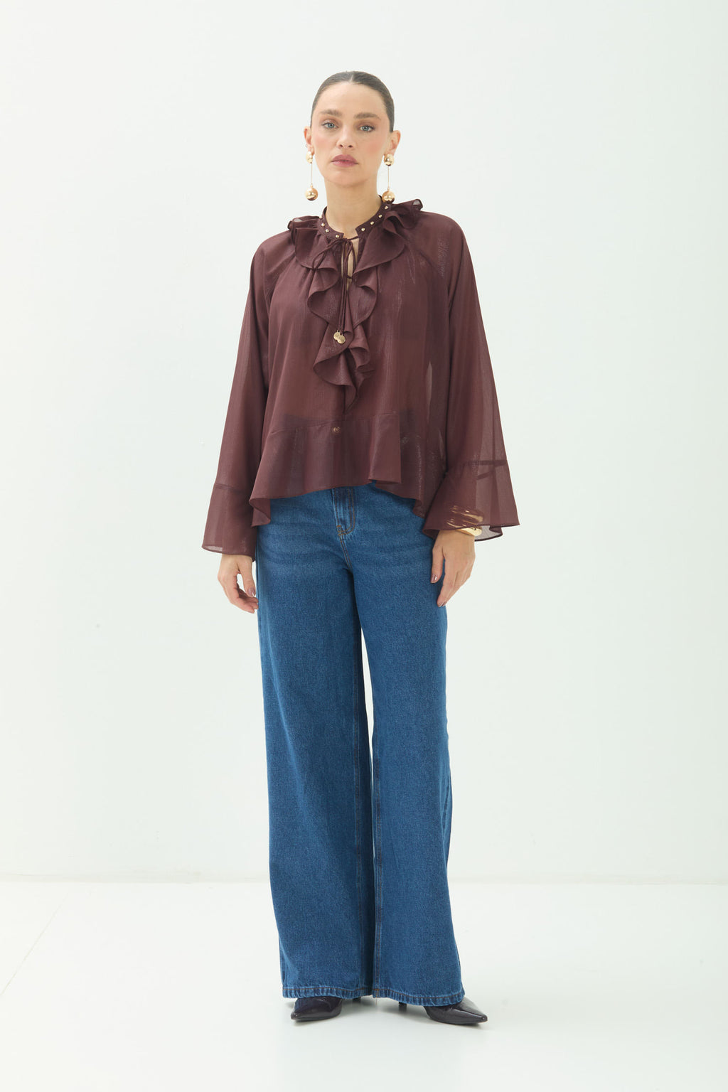 Blusa Babados Manga Longa Fluida ACT Feminina Choco