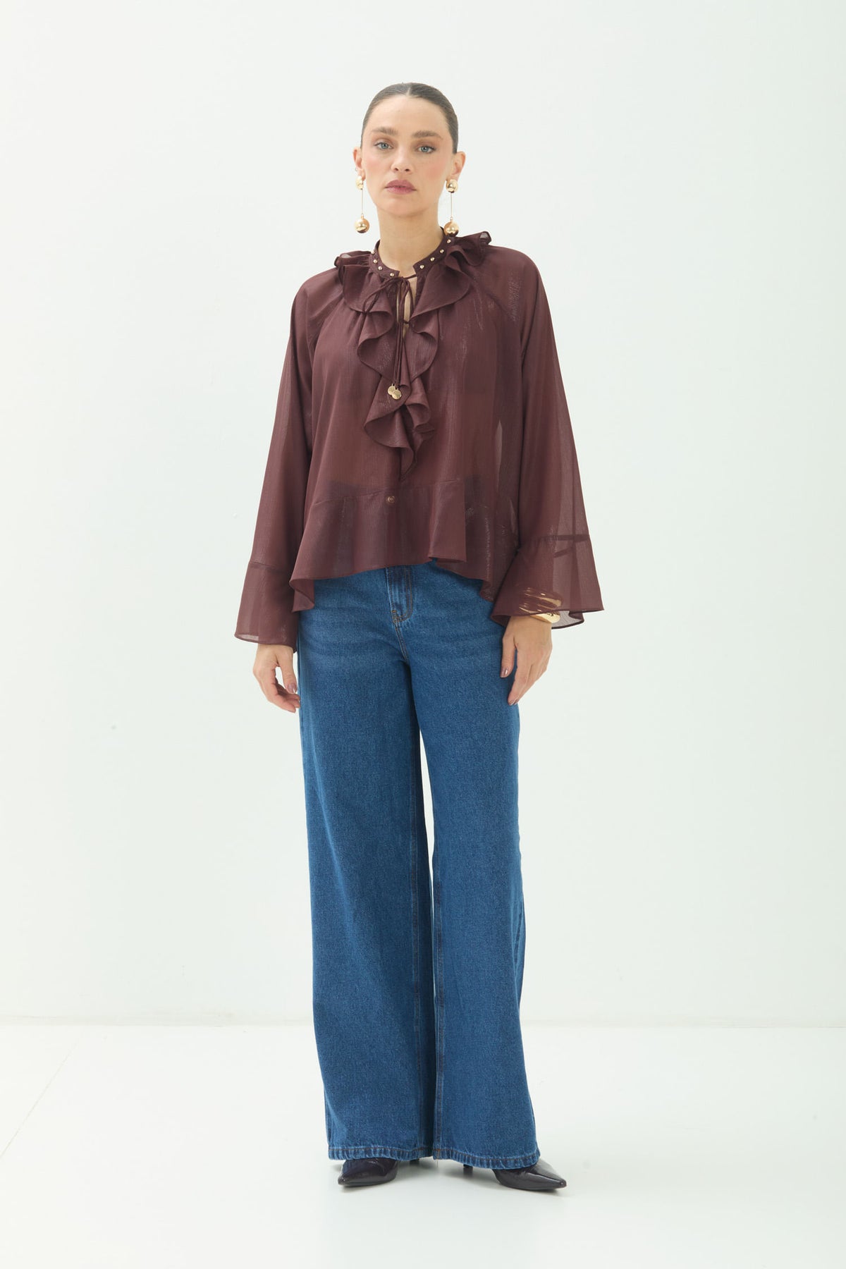 Blusa Babados Manga Longa Fluida ACT Feminina Choco