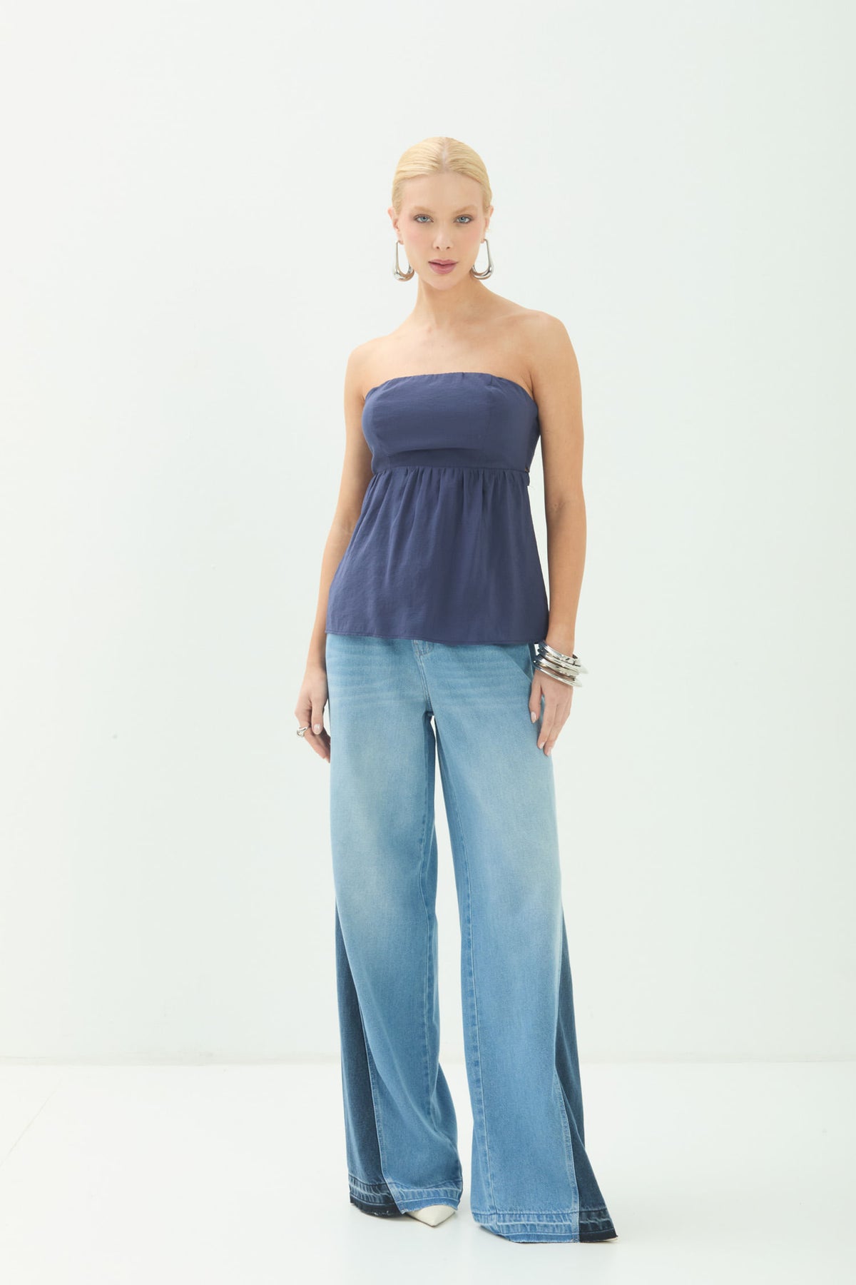Blusa Sem Alça Franzida Peplum ACT Feminina Royal Blue