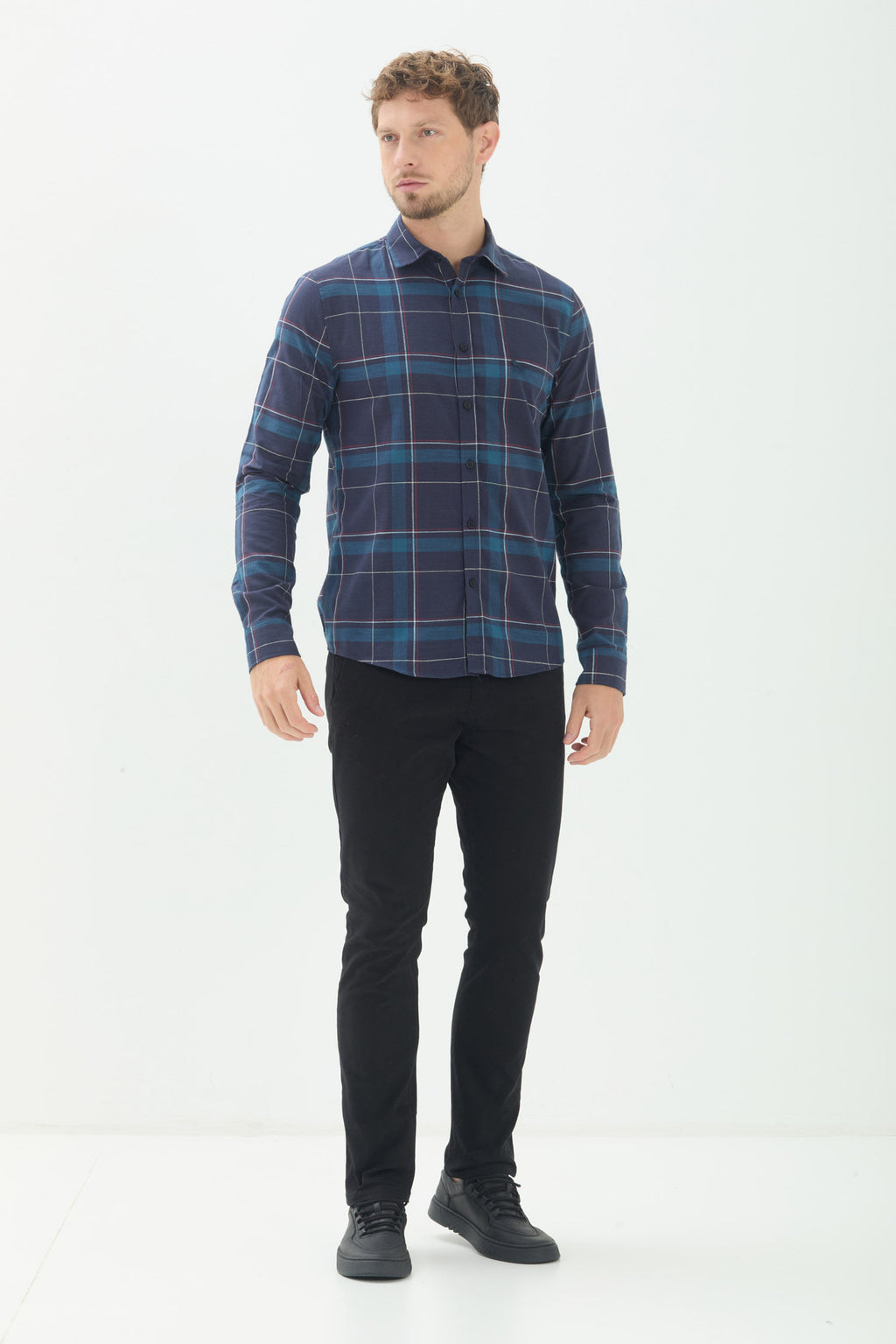 Camisa Xadrez Manga Longa Masculina Acostamento Xadrez Marinho