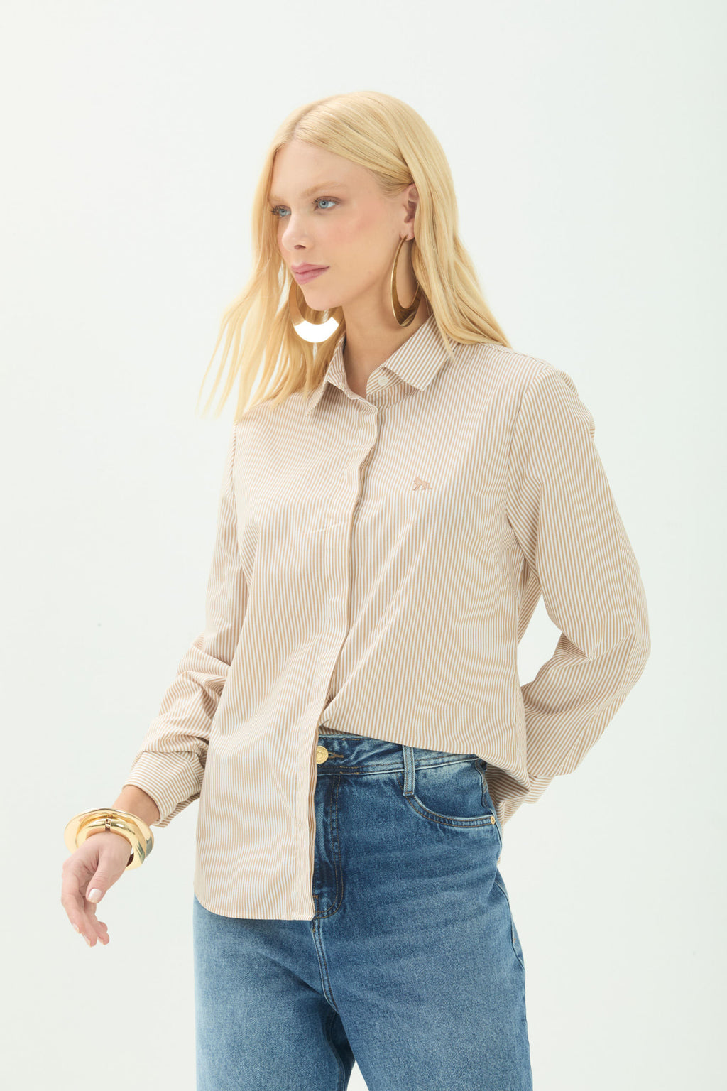 Camisa Social Listrada Elegante ACT Feminina Off White C/ Sand