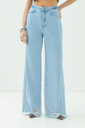 Calça Jeans Wide Detalhes Destroyed ACT Feminina Jeans Claro
