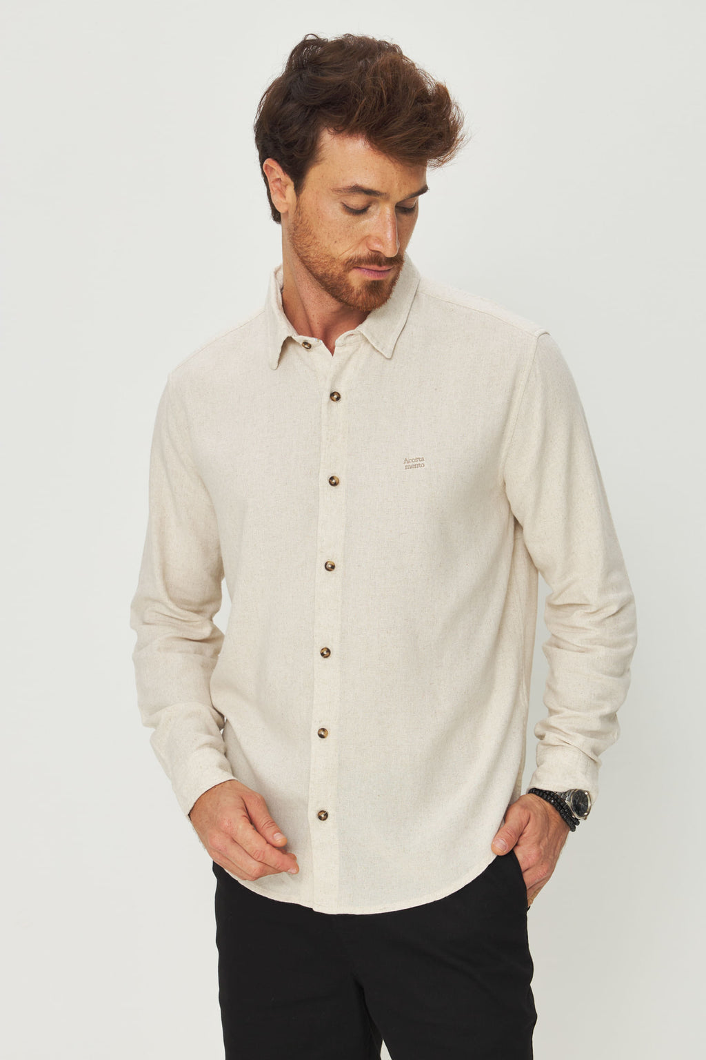 Camisa Linho Manga Longa Masculina Acostamento Natural