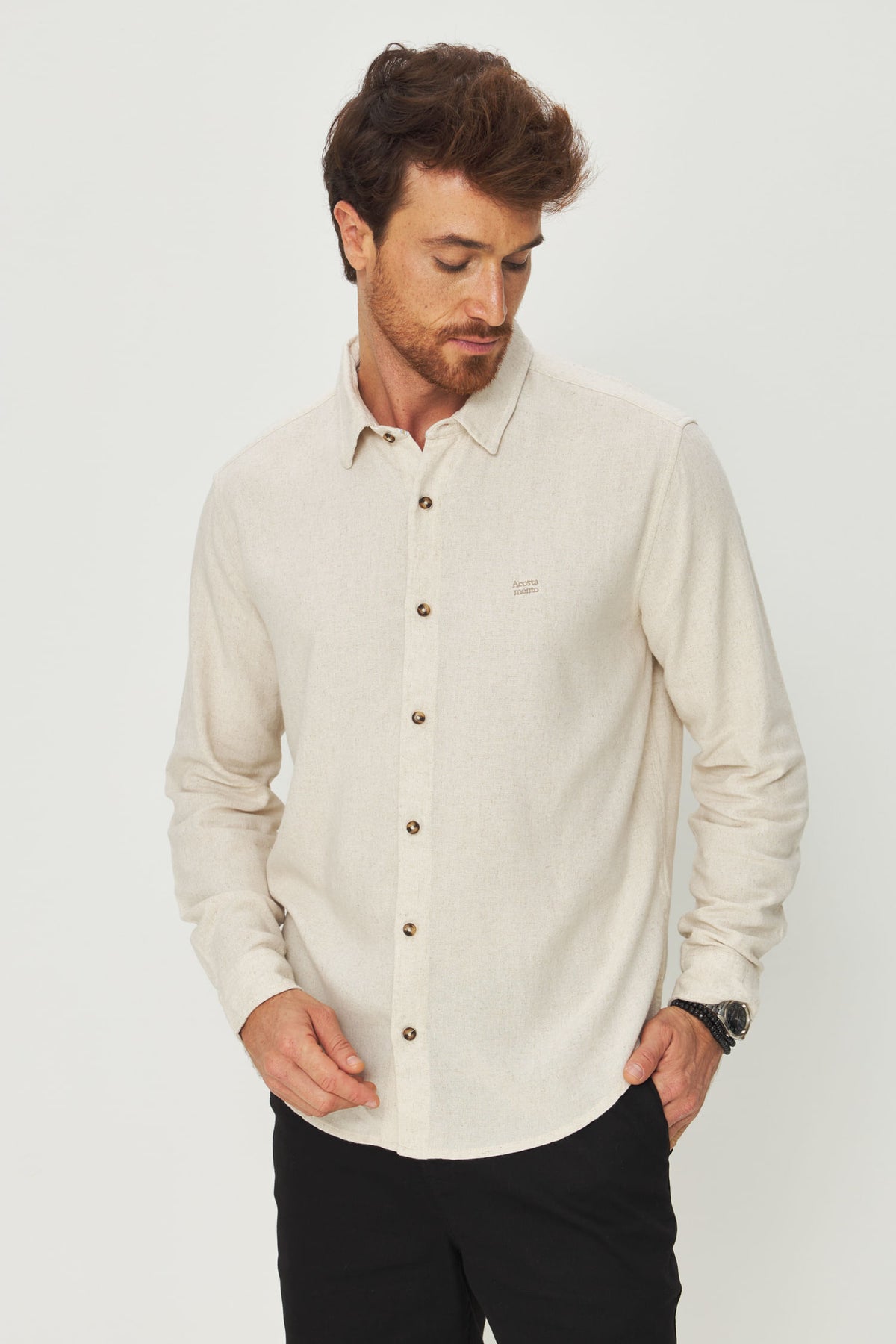 Camisa Linho Manga Longa Masculina Acostamento Natural