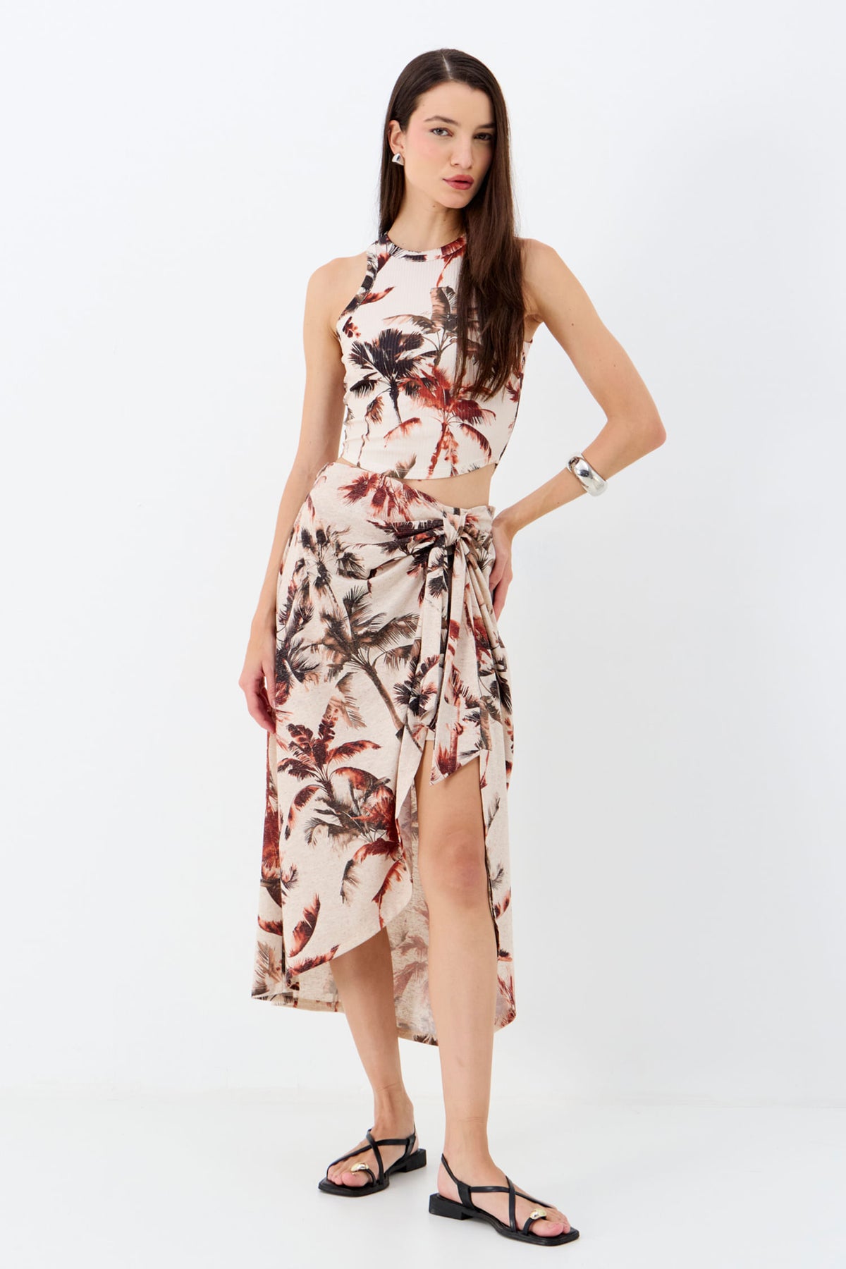 Saia Midi Transpassada Linho ACT Feminino Palm Breeze