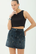 Saia Jeans Com Aplicações ACT Feminina Jeans Escuro