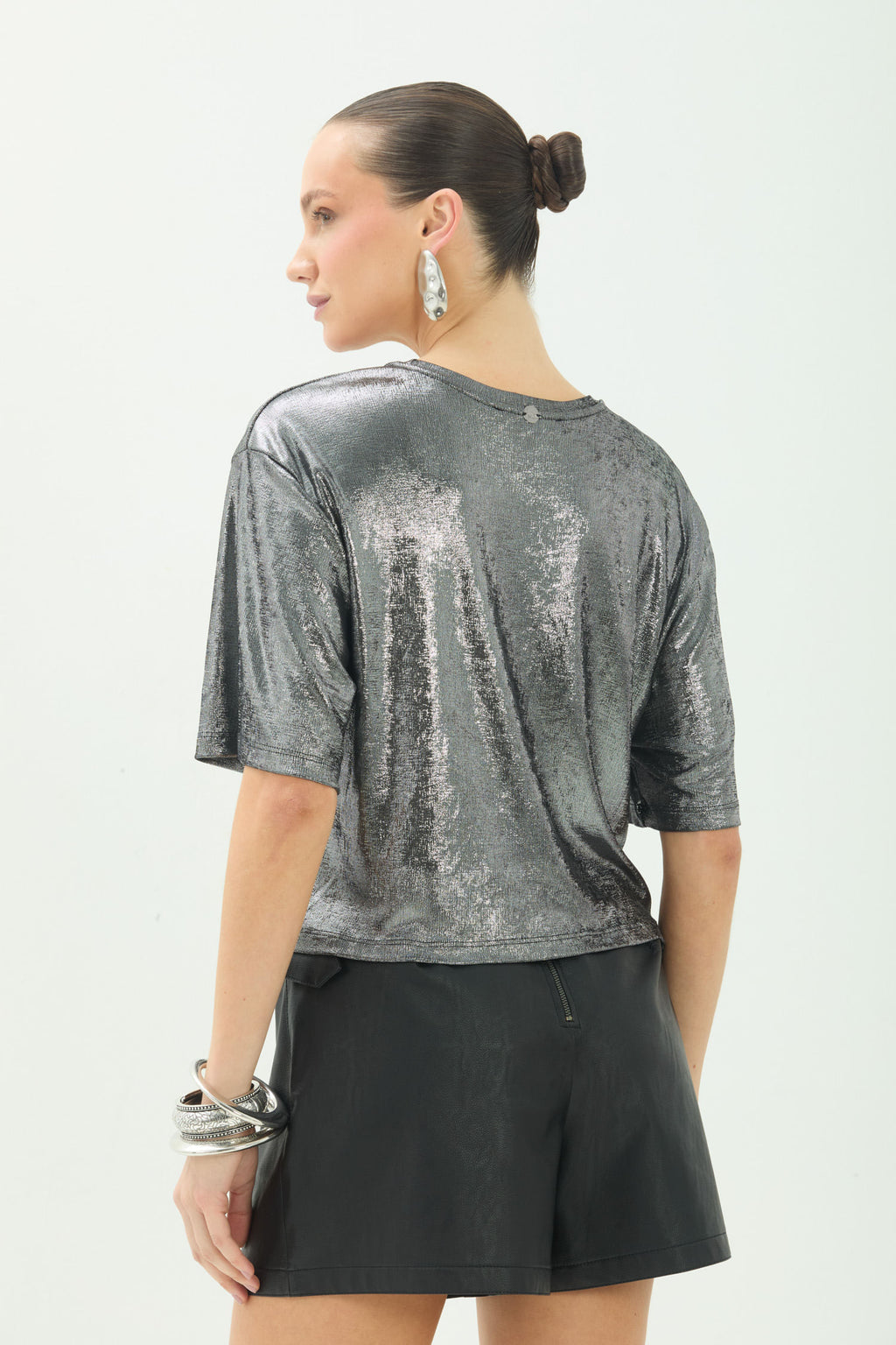 T-Shirt Metalizada ACT Feminina Preto C/ Prata