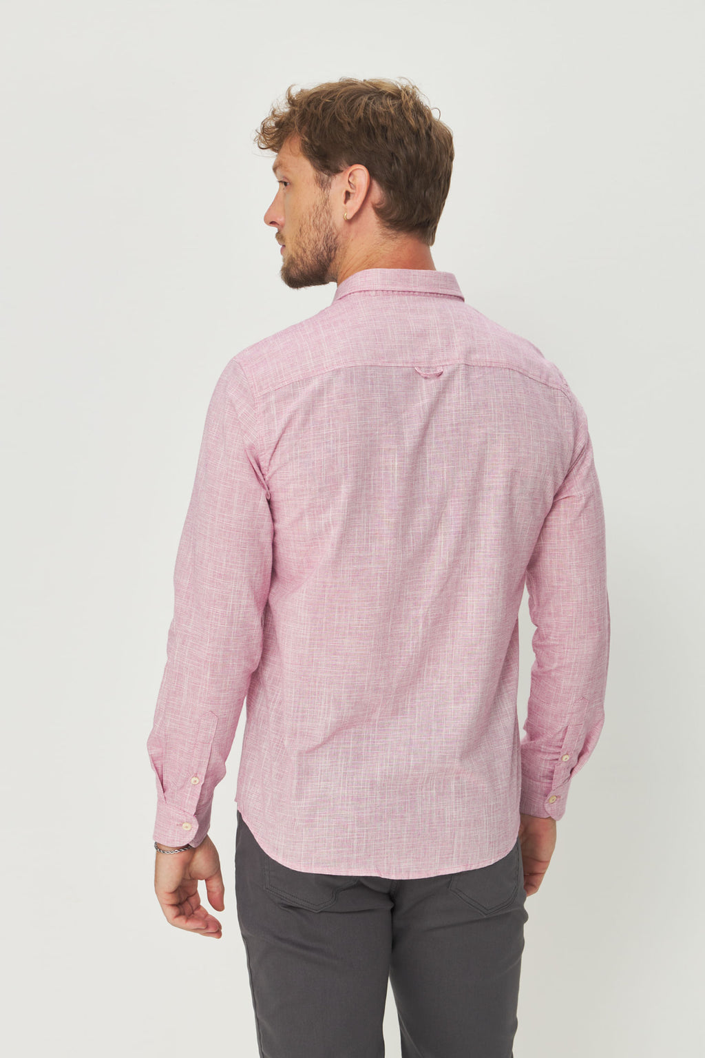 Camisa Leve Manga Longa Masculina Acostamento Bordo Mesclado