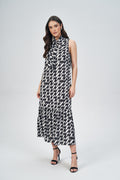 Vestido Gola Laço Print Feminino Acostamento Pied De Poule Maxi