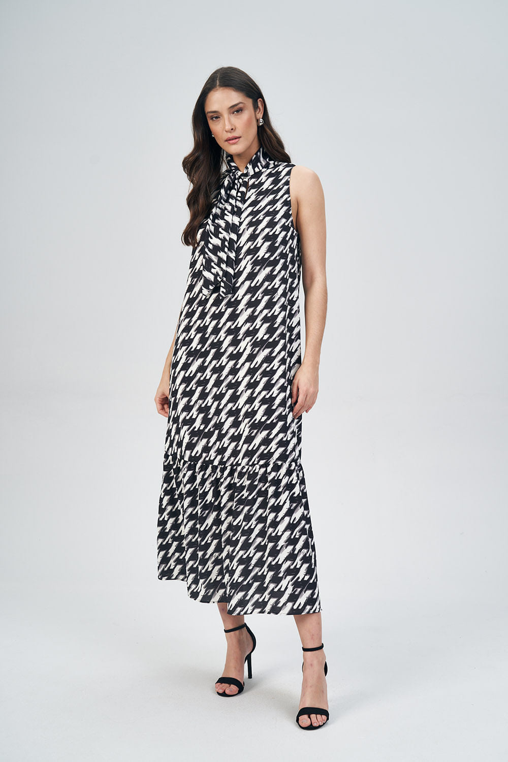 Vestido Gola Laço Print Feminino Acostamento Pied De Poule Maxi