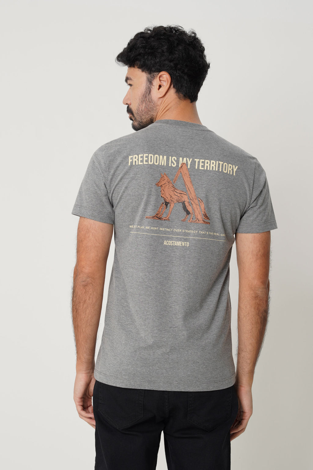 Camiseta Estampa Costas Masculina Acostamento Mescla Grafite