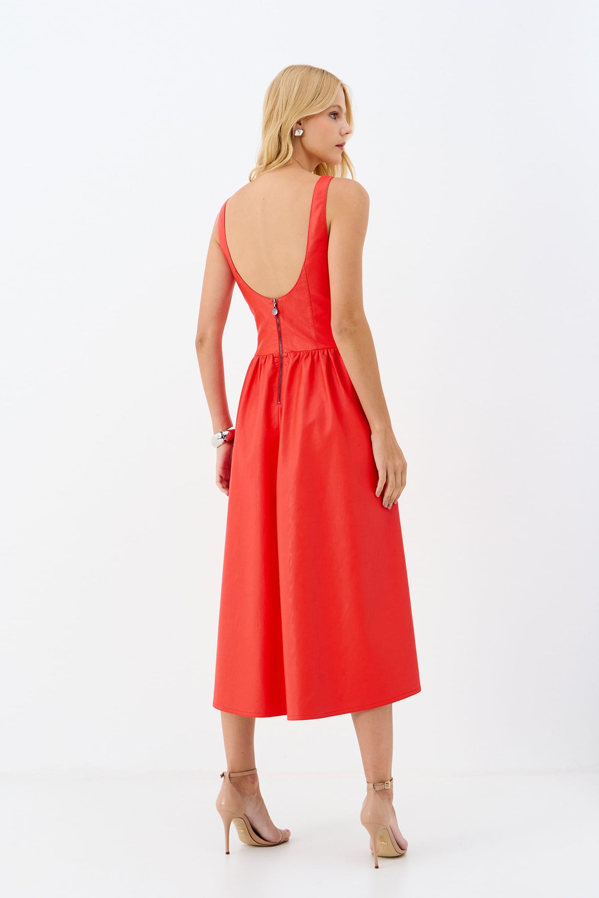 Vestido Midi PU Saia Fluida ACT Feminino Hot Red