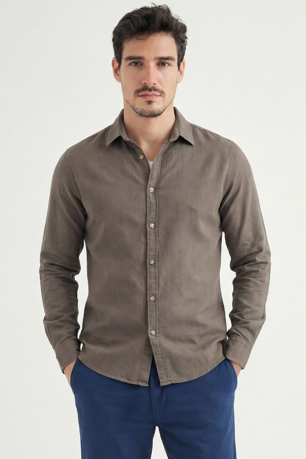 Camisa Manga Longa Casual Masculina Acostamento Capuccino