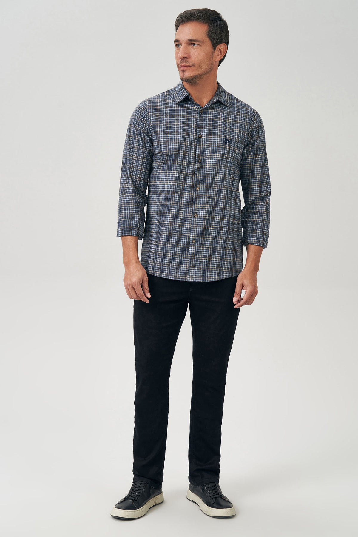 Camisa Manga Longa Quadriculada Masculina Acostamento Mini Xadrez Azul C/ Amarelo