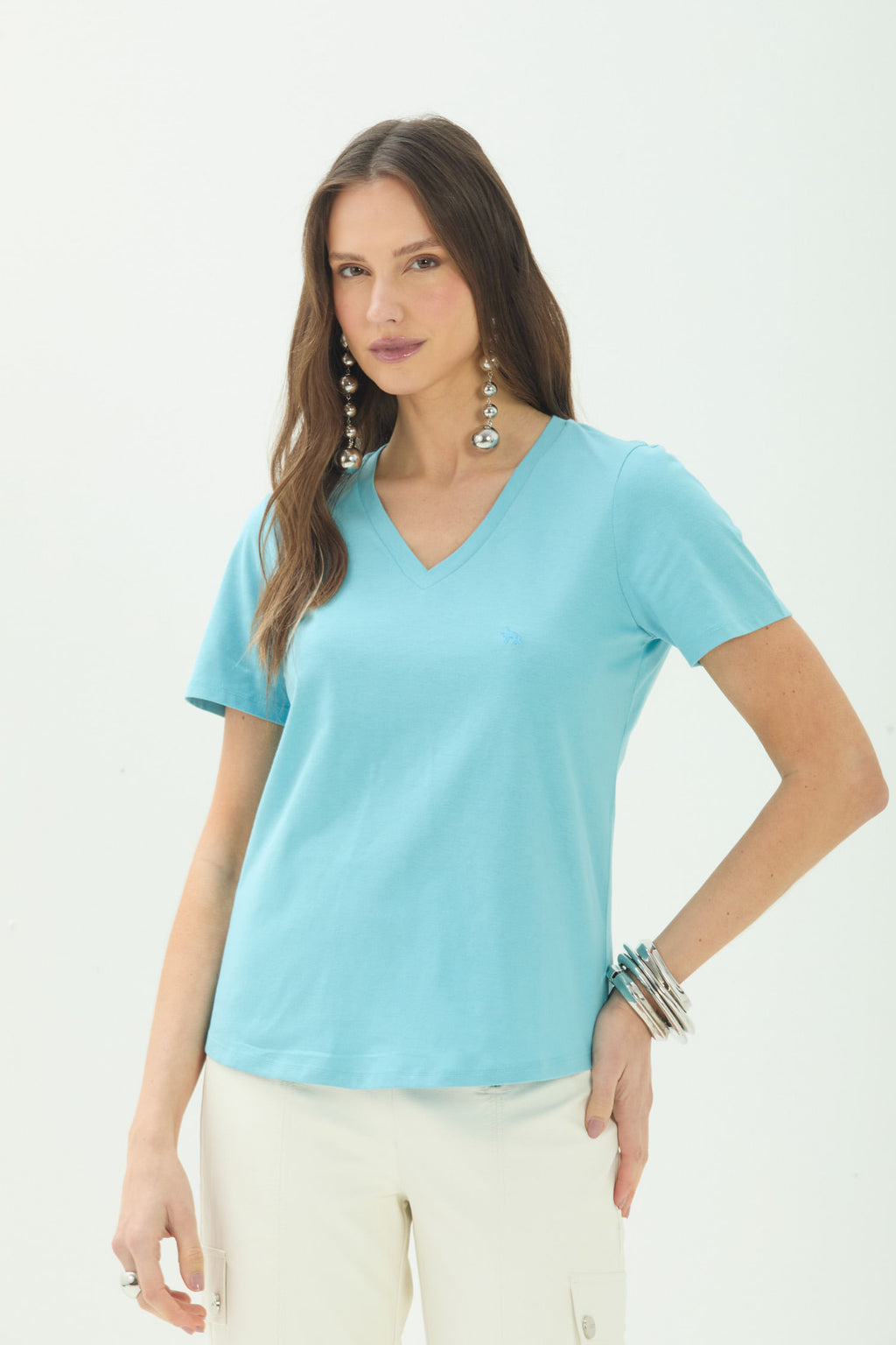 T-Shirt Básica Gola V ACT Feminina Misty Blue