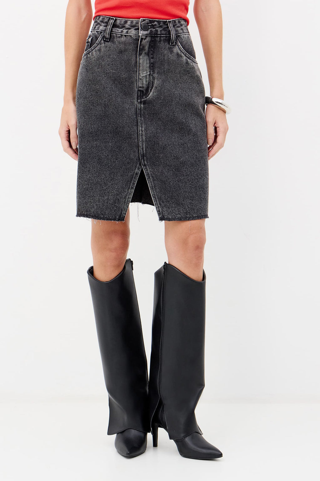 Saia Jeans Média Estonada Feminina Inblanche Jeans Escuro