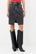 Saia Jeans Média Estonada Feminina Inblanche Jeans Escuro