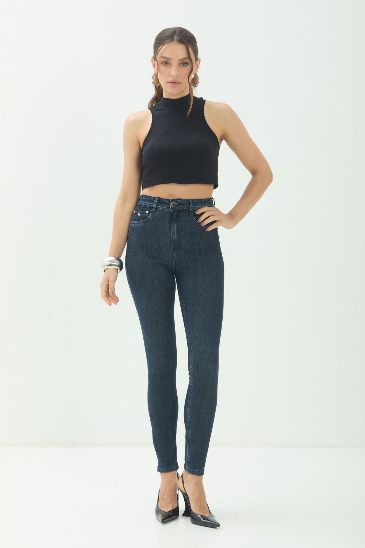Calça Jeans Skinny Cintura Alta ACT Feminina Jeans Escuro