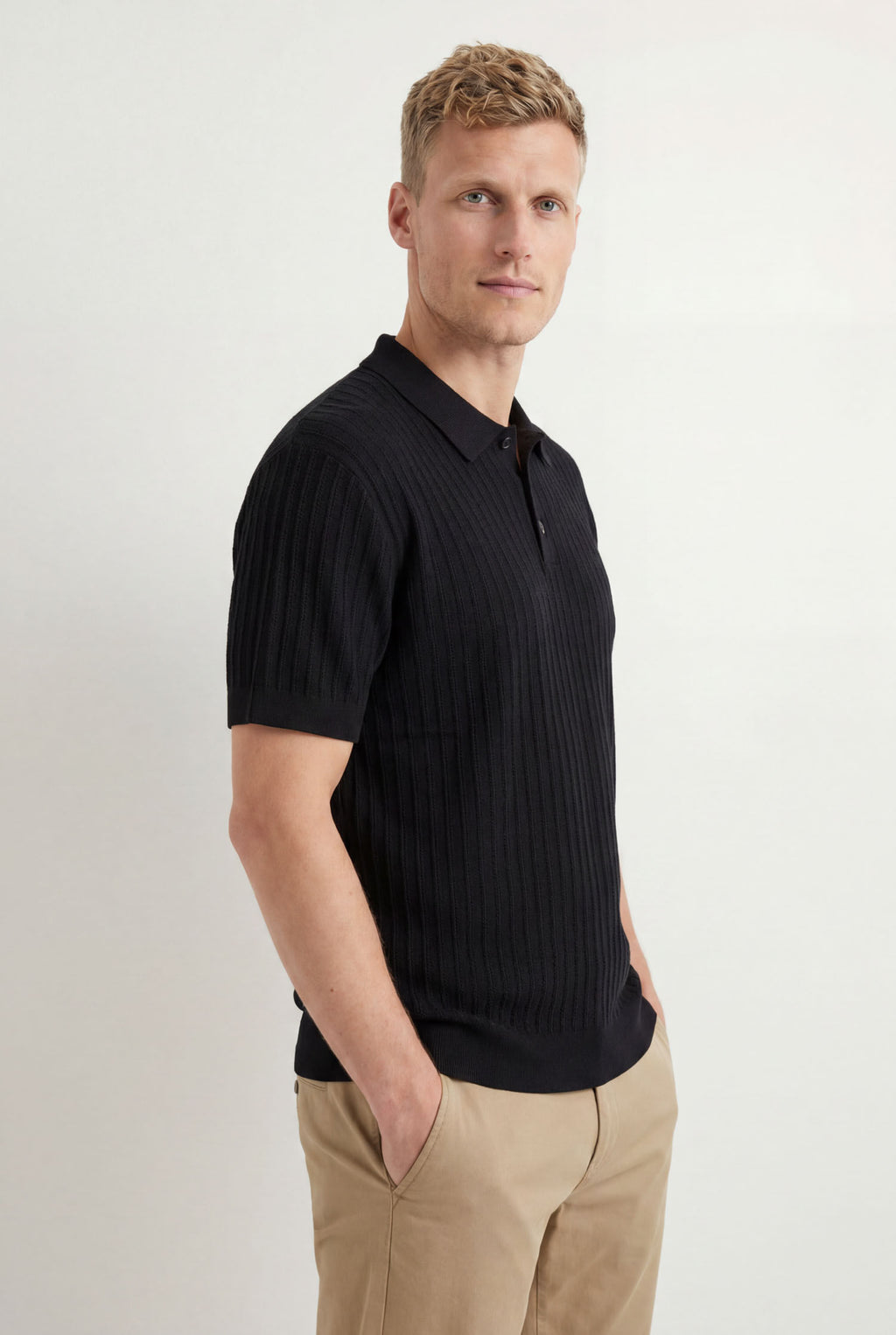 Polo Tricot Texturizado Masculina Acostamento Preto