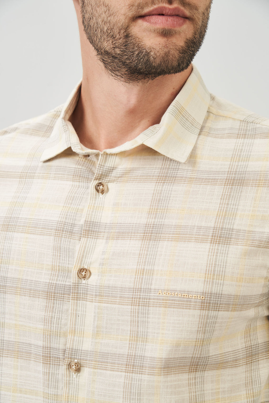 Camisa Manga Longa Mix Xadrez Masculina Acostamento Xadrez Off White C/ Amarelo E Bege