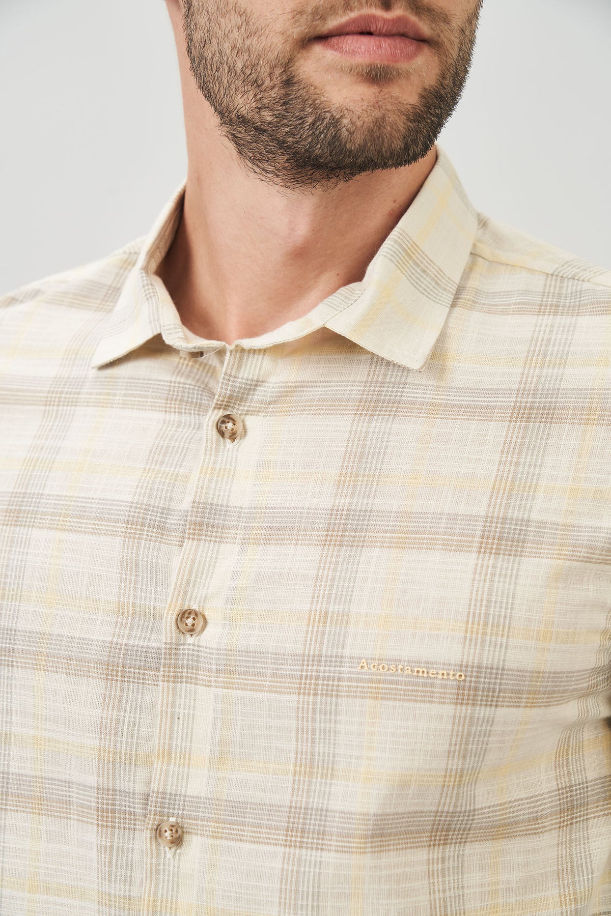 Camisa Manga Longa Mix Xadrez Masculina Acostamento Xadrez Off White C/ Amarelo E Bege