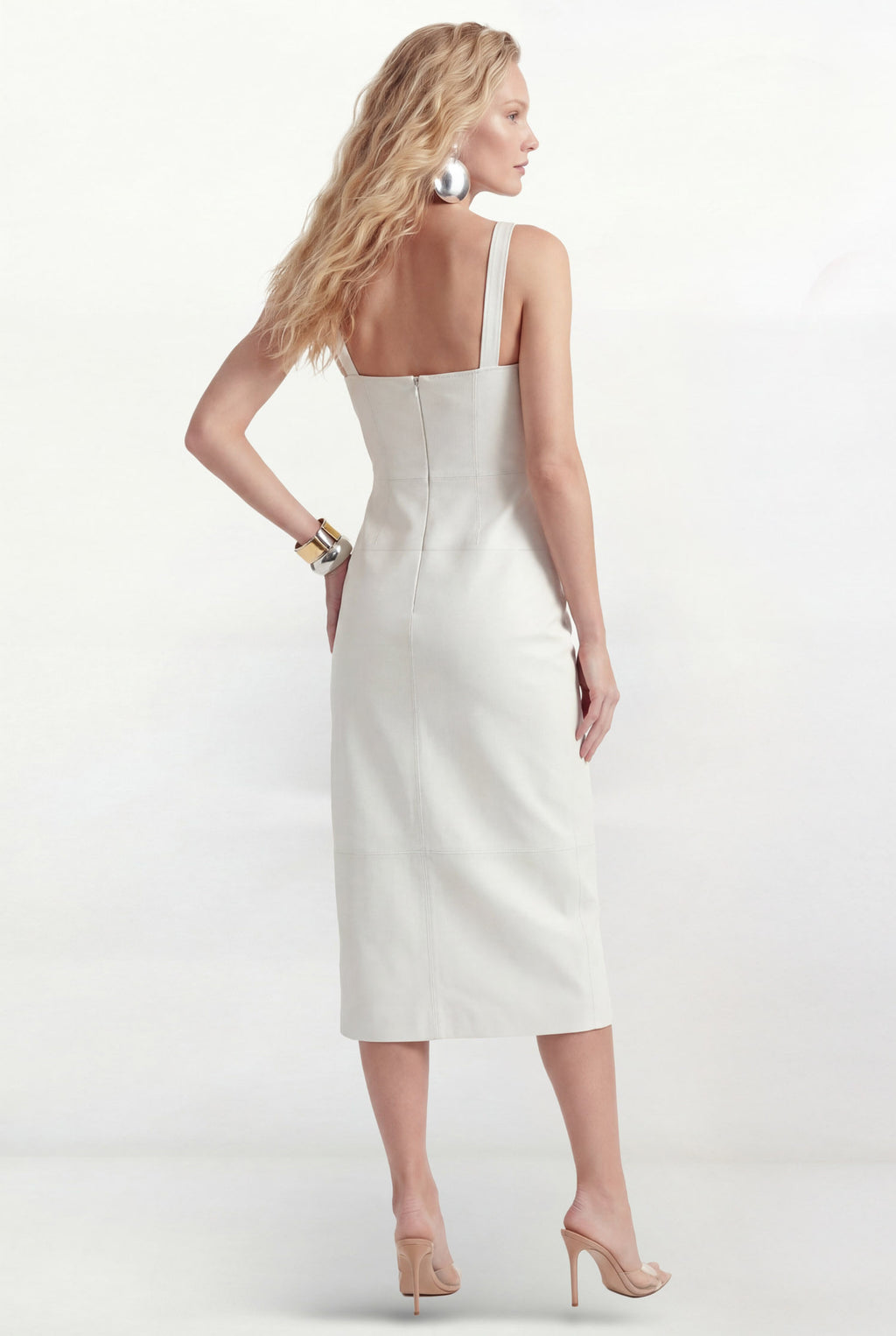 Vestido PU Midi Frente Única Com Fivela ACT Feminino Off White